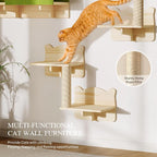 7-in-1 Cat Shelves for Wall, Cat Wall Furniture Set with Tunnel | Multi-Level Floating Cat Shelves for Space Saving, Solid Wood Cat Climbing System with Scratching Posts, Burlywood