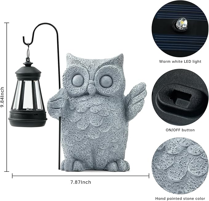 Solar Garden Statue Owl Figurine，Outdoor Garden Decor with Solar LED Lights for Patio,Balcony,Yard, Lawn-Unique Holiday Gifts for Women, Mom