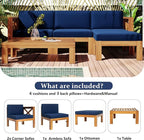 5-Piece Outdoor Patio Furniture Sectional Sets, Wooden L-shaped Corner Sofa Seating with Tea Table and Removable, Backyard Gardern Deck, Natural Finish+ Blue Cushions