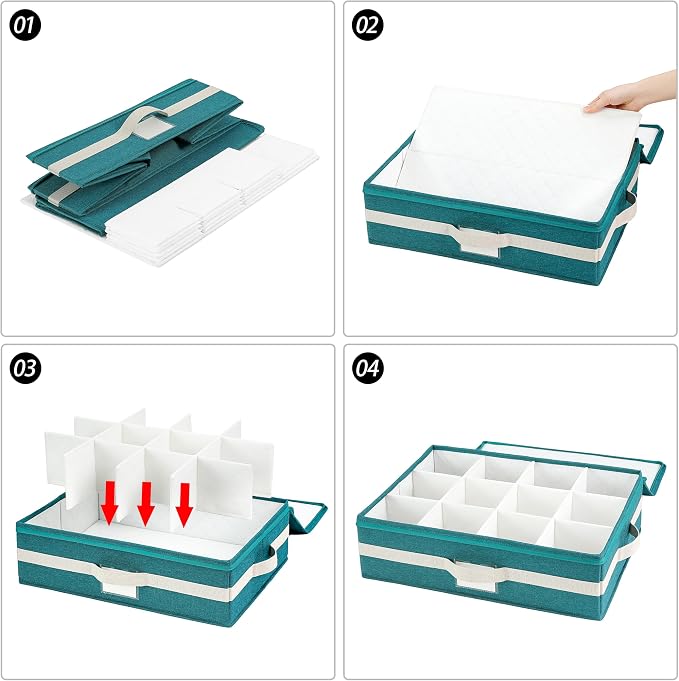 Mug Storage Box with Divider, Tea Cup and Coffee Mug Storage Container with Zipper Cover and Reinforced Handle, Hard Shell, Stackable, Foldable, 17.32 x 13.39 x 5.51 Inches (Green White, 2 Sets)