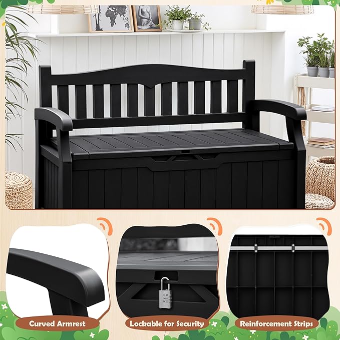 JUMMICO 80 Gallon Resin Outdoor Storage Bench, Large Deck Box with Armrest, Lockable & Waterproof for Garden, Home, Patio, Pools (Black)