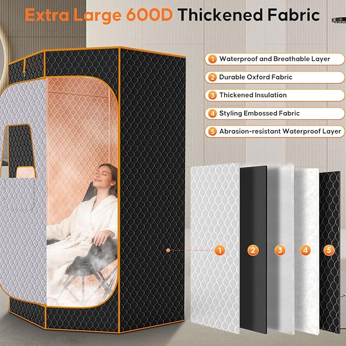 Portable Sauna for Home, Extra Large Sauna Box, Thickened 600D Thermal Sauna Tent, 3L 1500W Steamer, 9 Levels Heat, 99 Mins Timer, 450LBS Folding Chair, Black