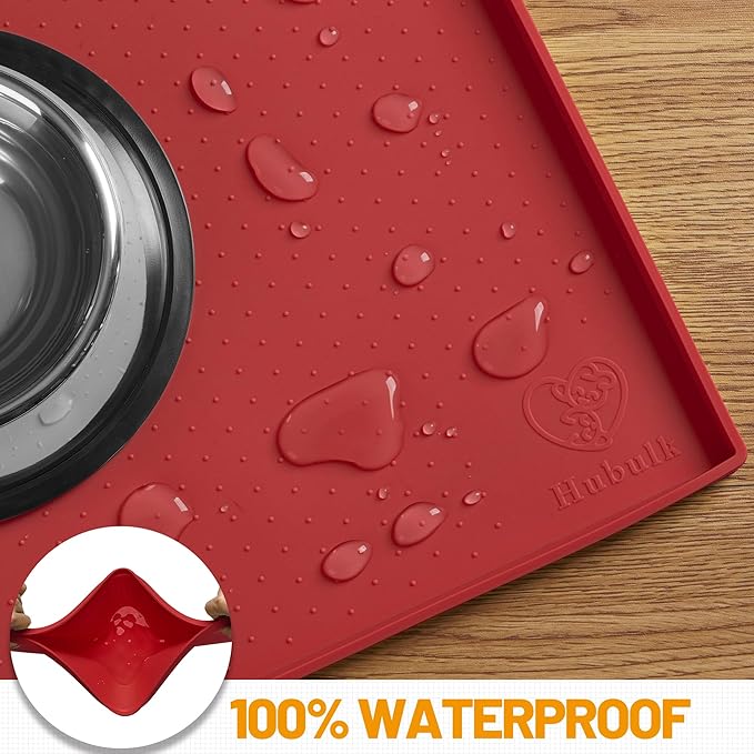 Hubulk Dog Feeding Mat,100% Waterproof BPA Free Silicone Pet Food and Water Bowl Placemat,Dishwasher, High Raised Edge to Prevent Spills,Nonslip Tray to Stop Messes on Floor (19"x12"x0.5", Red)