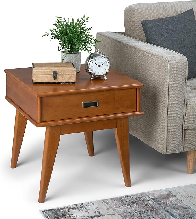 SIMPLIHOME Solid Hardwood 22 Inch Mid Century Bookcase, End Table and Storage Unit Bundle in Teak Brown, 6 Shelves and Drawer