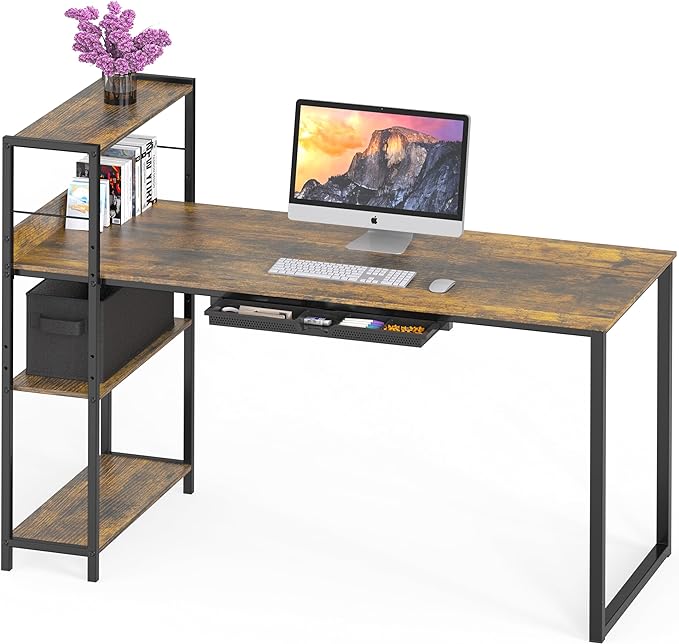 SHW 46-Inch Mission Desk with Side Shelf, 24" Deep, Rustic Brown