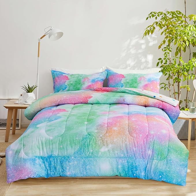 A Nice Night Galaxy Bedding Sets Outer Space Comforter 3D Printed Space Quilt Set Queen Size Glitter Pink Green Color,for Children Boy Girl Teen Kids