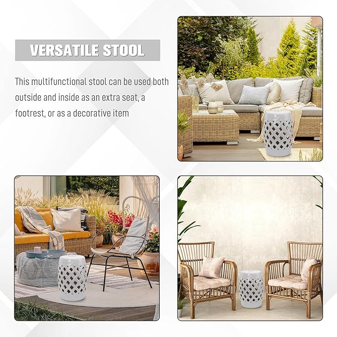 Outsunny 13" x 18" Ceramic Garden Stool with Woven Lattice Design & Glazed Strong Materials Decorative Outdoor Stool, White