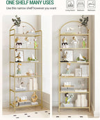 Bookcase Bookshelf, Tempered Glass Bookshelves, Slim Shelving Unit for Bedroom, Bathroom, Home Office, Steel Frame, 6 Tier Gold BC21699G