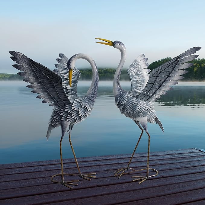 24-27 Inch Standing Crane Garden Sculptures & Statues, Crane Metal Yard Art for Backyard, Lawn, Patio, Porch, Birthday, Wedding Decorations, Gray