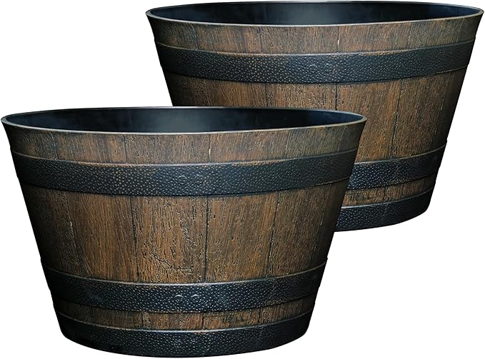 Classic Home and Garden Outdoor Whiskey Resin Flower Pot Barrel Planter, Walnut Brown, 20.5" (2 Pack)