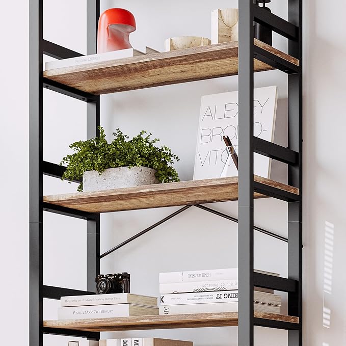 IRONCK Bookshelves and Bookcases, 31.5in Wide Shelf 5-Tier Ladder Shelf 110lbs/shelf Vintage Industrial Style Bookcase for Bedroom Living Room Home, Rustics Brown