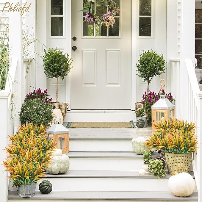 6Pcs Artificial Grass Fake Plants 17.3in Outdoor Plastic Plants UV Resistant Greenery Fake Grass for Home Window Garden Office Patio Hanging Planter Pathway Front Porch Décor Orange Yellow