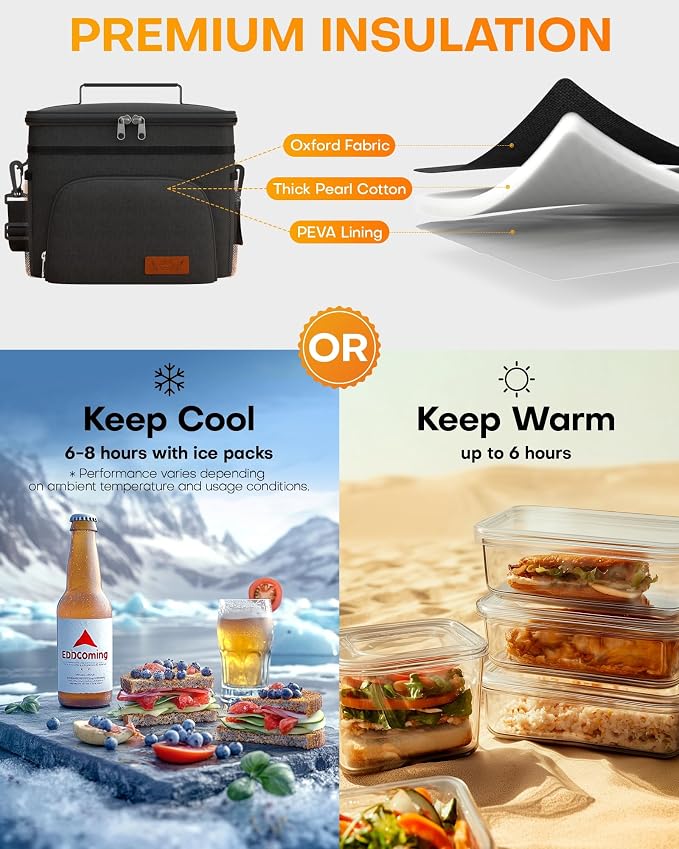 HOTOR Insulated Lunch Box Men Women Leak-Proof Cooler Lunch Bag 9L | 4 Pockets, Adjustable Strap, Ideal for Work, Picnic, Travel, Camping, Gift, Black