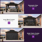 PURPLE LEAF 10' X 12' Hardtop Gazebo with Storage Box Outdoor Wood Grain Aluminum Frame Galvanized Steel Double Roof Gazebos with Netting and Curtains for Patio Deck Backyard Garden