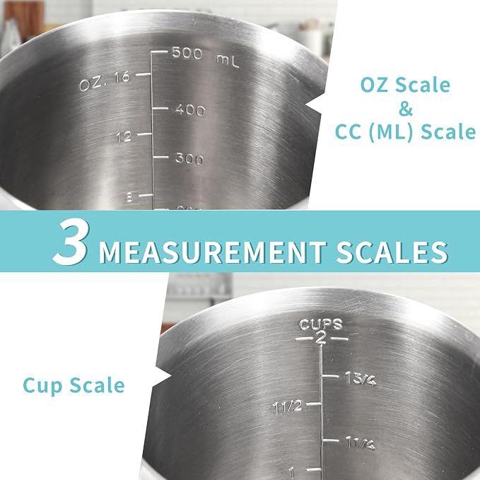 Newness 3-Pack Stainless Steel Measuring Cups Set, Metal Measuring Cup | (3 Marking, Cup/ML/Oz Scale) (2, 3 & 4 Cup) Metal Measuring Cup with Handle For Prepping, Baking and Cooking, Dishwasher