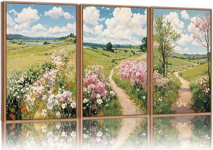 Tinonedraw Rustic Landscape Framed Canvas Wall Art Triptych, Blue and White Wall Decor, Vintage Botanical Floral Artwork, Modern Country Nature Farmhouse Art Prints for Living Room Bedroom 16"x24"x3