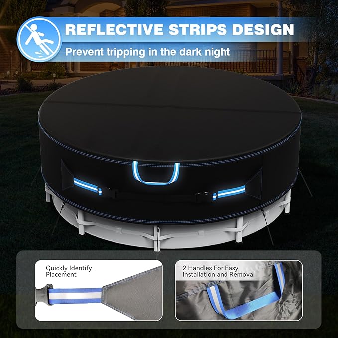 10 Ft Round Pool Cover with Reflective Strips, 420D Swimming Pool Cover for Above Ground Pools, Solar Cover with Drawstring and Ground Nails for Dustproof, UV Protected