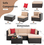 Shintenchi 5 Pieces Patio Furniture Sets Outdoor All-Weather Sectional Patio Sofa Set PE Rattan Manual Weaving Wicker Patio Conversation Set with Glass Table&Ottoman Cushion and Red Pillows