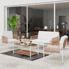 Shintenchi 5 Piece Wicker Outdoor Patio Furniture Set, White Metal Sofa Conversation Set, including Loveseat, Two Single Chairs and Two Coffee Tables for Backyard, Patio, Balcony, Poolside