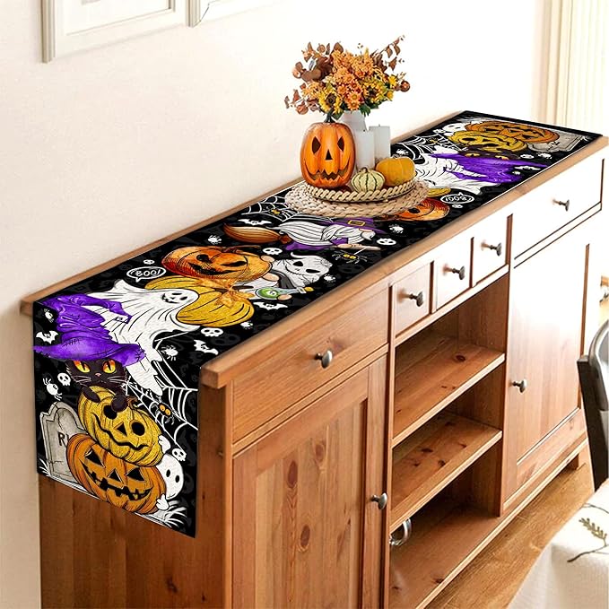 Halloween Table Runner Pumpkin Black Cat Halloween Table Runners 72 Inches Long Happy Halloween Boo Ghost Theme Decor for Kitchen Dining Table Home Party Decorations