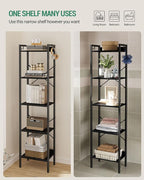 Bookshelf, Book Shelf, Industrial Bookcase with 2 Hooks, Coner Shelf Storage Organizer for Home Office, Living Room, Bedroom, Kitchen, 5-Tier Black BC10504B