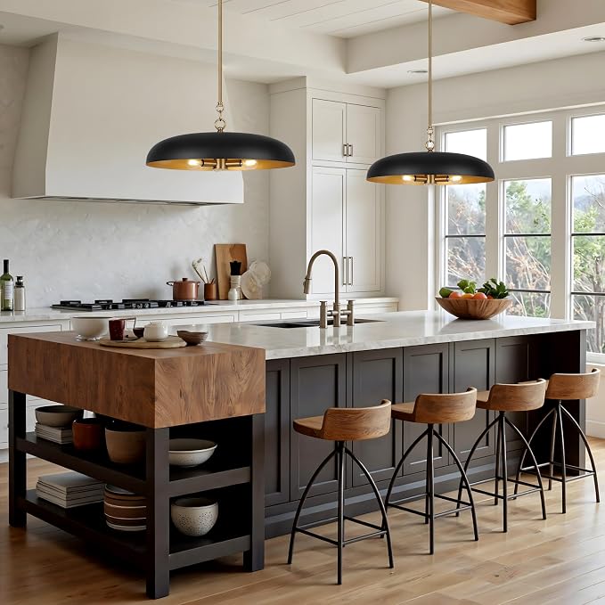 LamQee 20 Inch Oversized Large Pendant Lights, 3-Lights Black and Gold Modern Dome Chandelier, Industrial Metal Pendant Lighting Fixture Ceiling Hanging for Kitchen Island, Dining Room Over Table, Bar