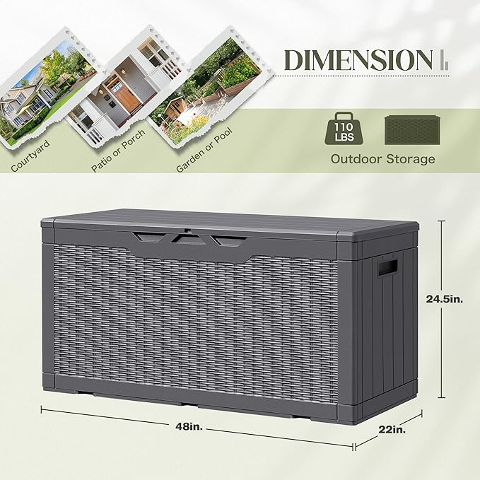 105 Gallon Deck Box Outdoor Indoor Waterproof Storage Box for Patio Furniture, Pool Accessories, Garden Tools, and Cushion Storage, Gray