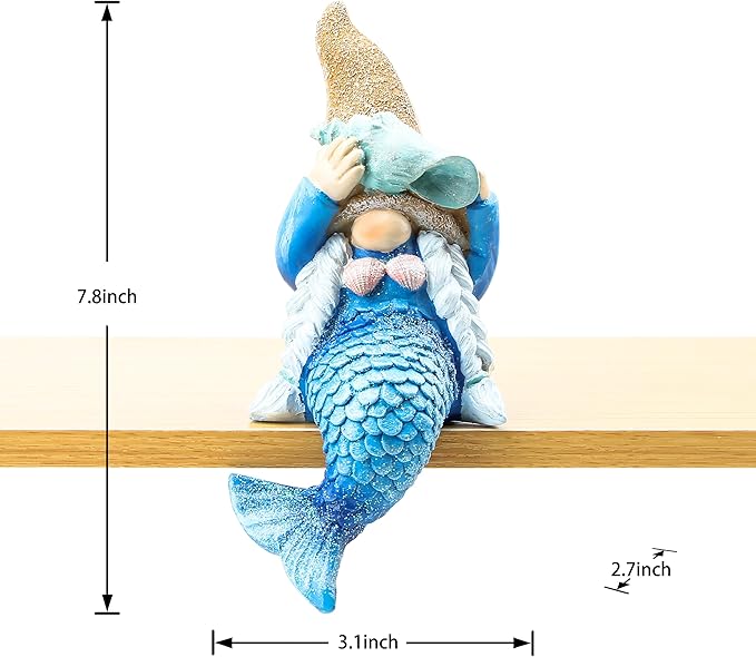 Leekung Mermaid gnome Statue Garden Decor,Beach Gnomes Figurine for Outdoor Indoor Patio Lawn Yard Porch Shelf Bookshelf Edge Table windowsill Decoration,Nautical Ocean Sculpture