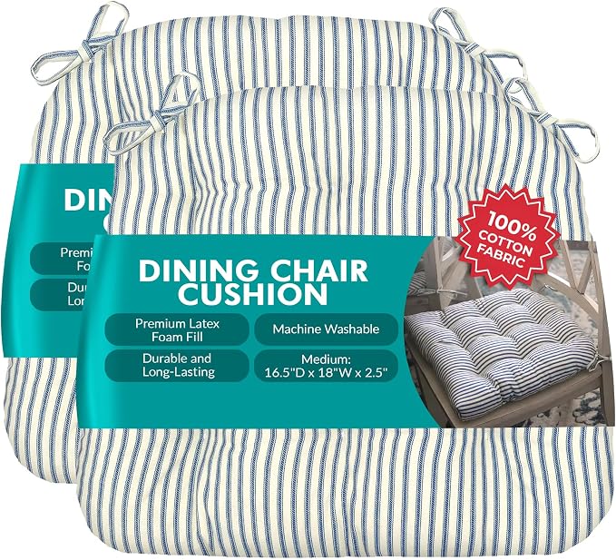 Barnett Home Decor Dining Chair Cushions, 16.5 x 18, Pack of 2 – Ticking Stripe Navy Blue – 100% Cotton, Latex Foam Fill