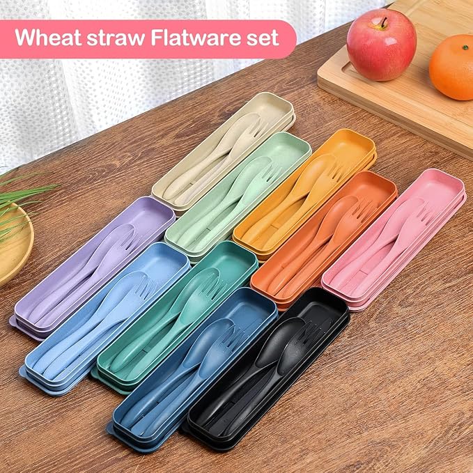YDYTOP Reusable Travel Utensils Set with Case, 55 Sets Wheat Straw Knife Fork Spoon Cutlery, Multicolor Plastic Silverware for Kids and Adults, School Lunch, Party, Picnic and Camping