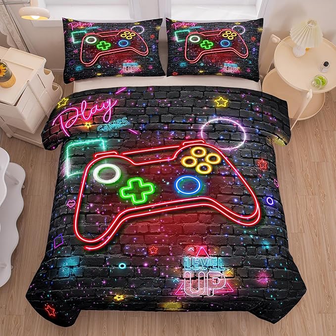 NINENINE Gaming Bedding Sets for Boys 5PCS Queen Size Gamer Comforter Gampad Contoller Video Kids Teens Black Bedding Comforter Sheet Set(1Comforter, 1Flat Sheet, 1Fitted Sheet, 2Pillowcases)