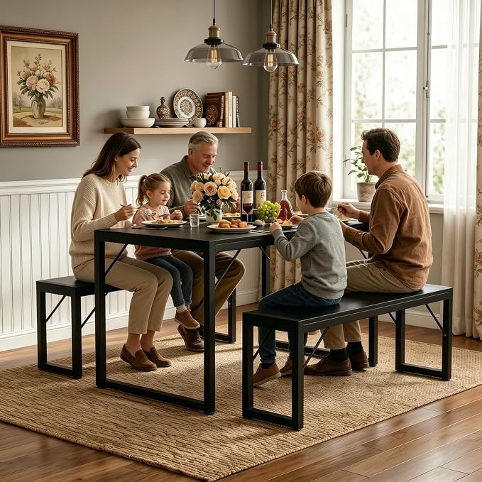 Bealife Dining Table Set for 4 with Metal Frame and MDF Board - Black | Space Saving Kitchen Table with 2 Benches, Kitchen Table Set for Apartment, Dining Room, Breakfast Nook