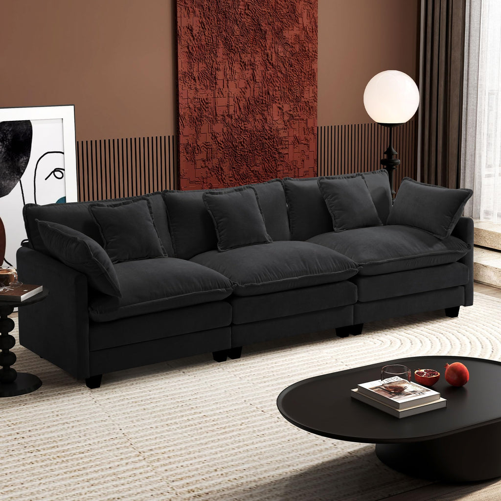 Ihanherry 111.4" L Shaped Modern Sofa Modular Sectional Cloud Couch with Ottoman, 4-Seat Chenille Deep Seat Sofa with Pillow for Living Room, Bedroom and Apartment, Beige