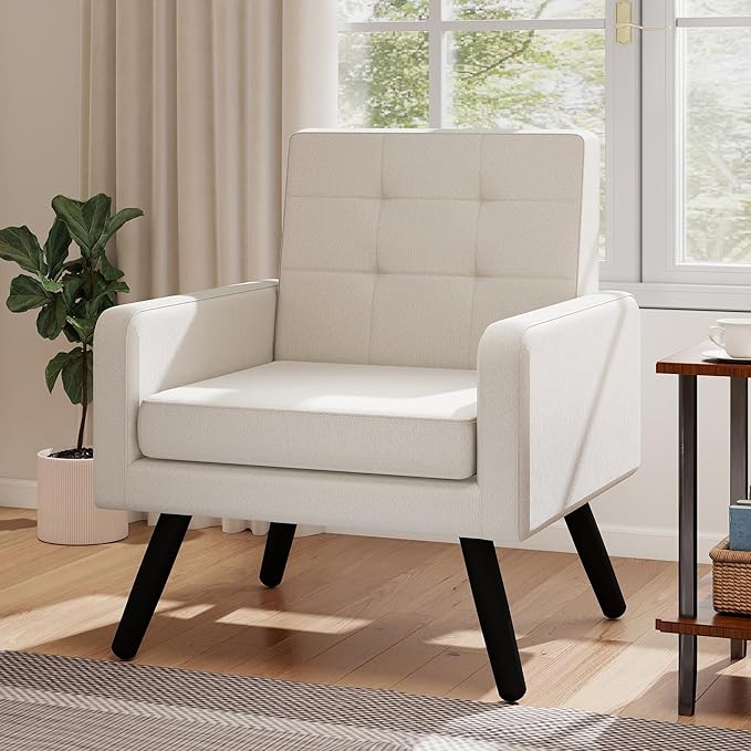 Kromax Mid-Century Modern Accent Chair for Living Room, 496 Lb. Weight Capacity, Dual Armrests, Comfy Extra Large Seat, Timeless Style Perfect for Reading & Relaxing, Beige
