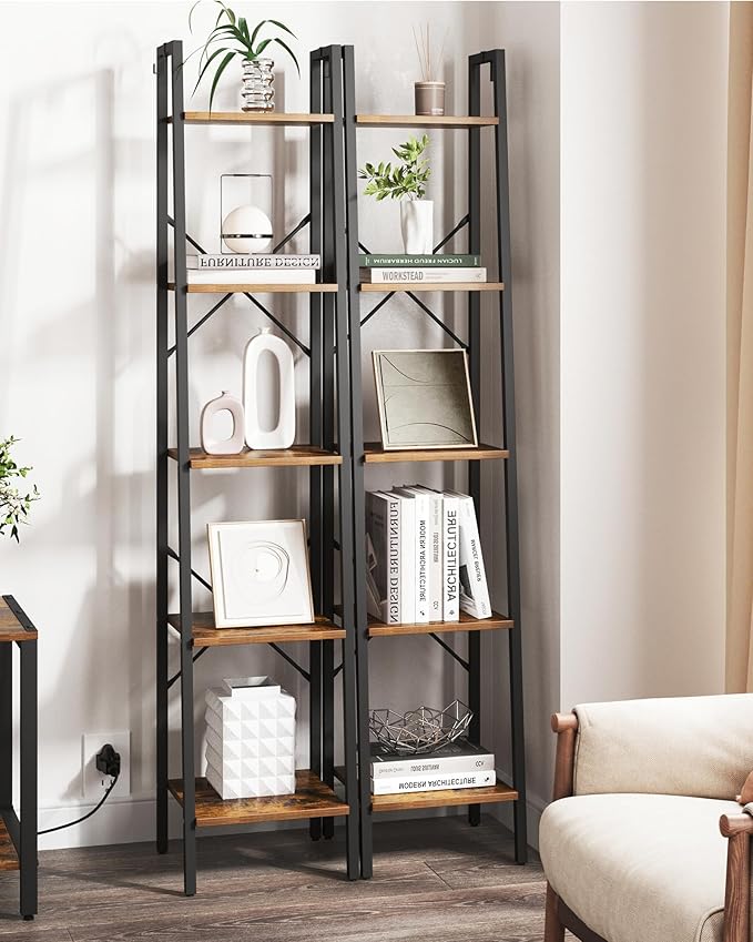 Ladder Shelf, Bookshelf Bookcase, Freestanding Corner Storage Shelve with 2 Hooks for Home Office, Living Room, Kitchen, Bedroom, Industrial, 5-Tier Rustic Brown BC03201B
