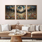 HPINUB Wildflower Moon Forest Framed Canvas Wall Art Set,Nature Pine Tree Wall Decor,Mystical Starry Night Artwork Rustic Mountain Landscape Art Print for Living Room,Bedroom,Office-16 x24 x3