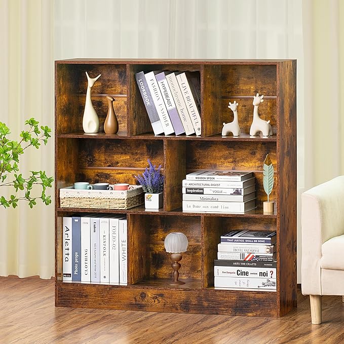 LEYAOYAO 8 Cube Bookshelf with Base,3 Tier Mid-Century Modern Brown Bookcase,Standing Wide Bookshelves Storage Organizer Shelf,Rustic Wood Display Cabinet Book Shelves for Bedroom,Living Room,Office