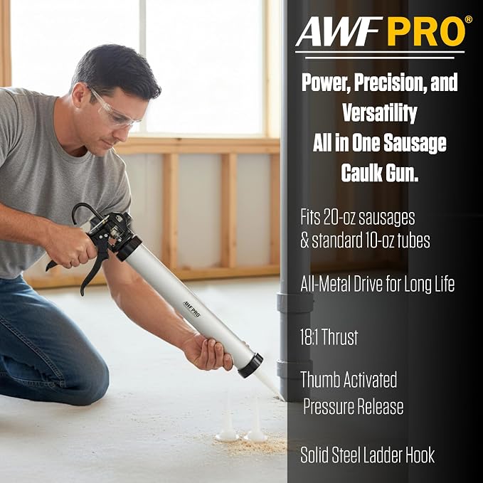 AWF PRO Sausage Caulking Gun 20 oz, 18:1 Thrust Ratio, Pack of 12 | 20 oz Foil Pack and 10 oz Cartridge Convertible, Aluminum Barrel, Includes 3 Tips