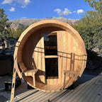 Outdoor Barrel Sauna with Porch, Wood Burning Stove Sauna 4 Person, Canadian Hemlock, Chimney Kit, Triple Waterproof System, Double Reinforcement(0-195℉)