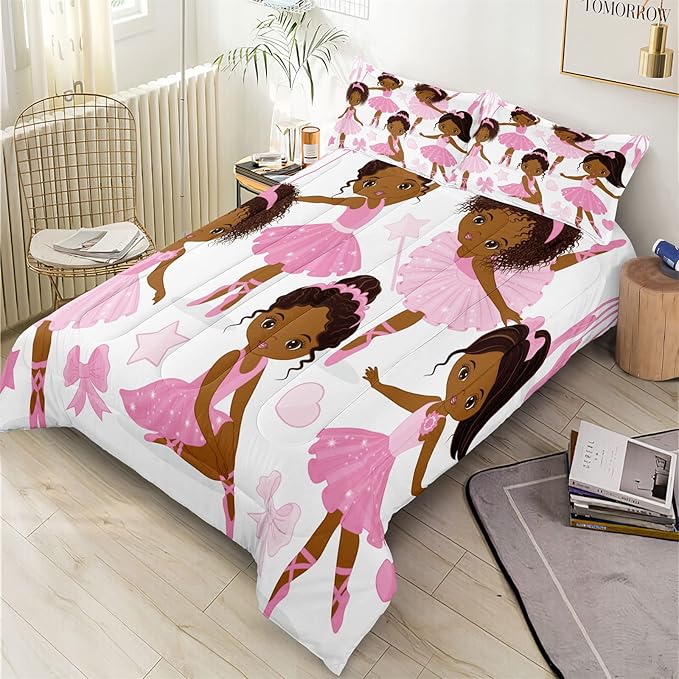 Twin Bedding Sets for Girls, African American Magic Comforter Set with Ballet Dancer, Pink Bed Set for Toddler Kids Teens, Little Girls Bedroom Decor