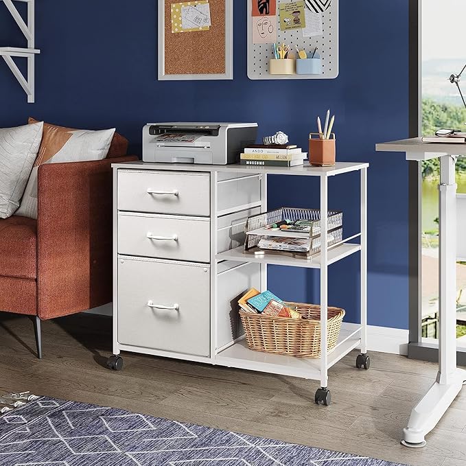 DEVAISE 3 Drawer Mobile File Cabinet, Rolling Printer Stand with Open Storage Shelf, Fabric Lateral Filing Cabinet fits A4 or Letter Size for Home Office, White