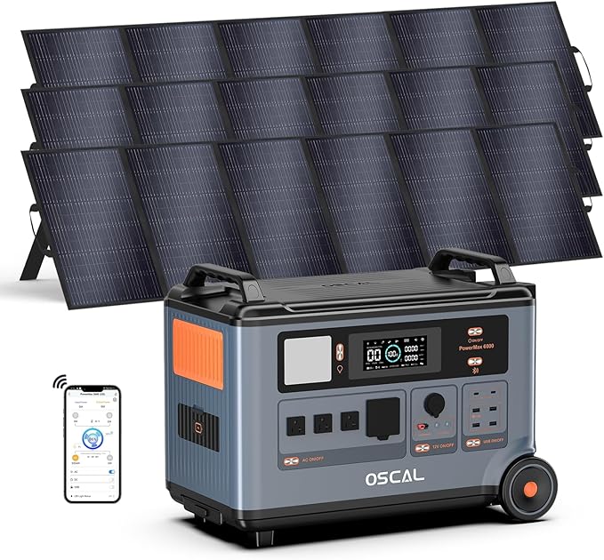 OSCAL PowerMax 6000 Solar Generator with 3x500W Solar Panel, 120V/240V Split Phase Voltage 6000W AC Outlets (7200W Peak), 2200W AC Charging/2400W PV Charging for Home, Emergency, Bank Battery Backup