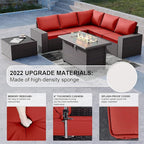 Kullavik 7 Pieces Outdoor Patio Furniture Set with 43" 55000BTU Gas Propane Fire Pit Table PE Wicker Rattan Sectional Sofa Patio Conversation Sets,Dark Red