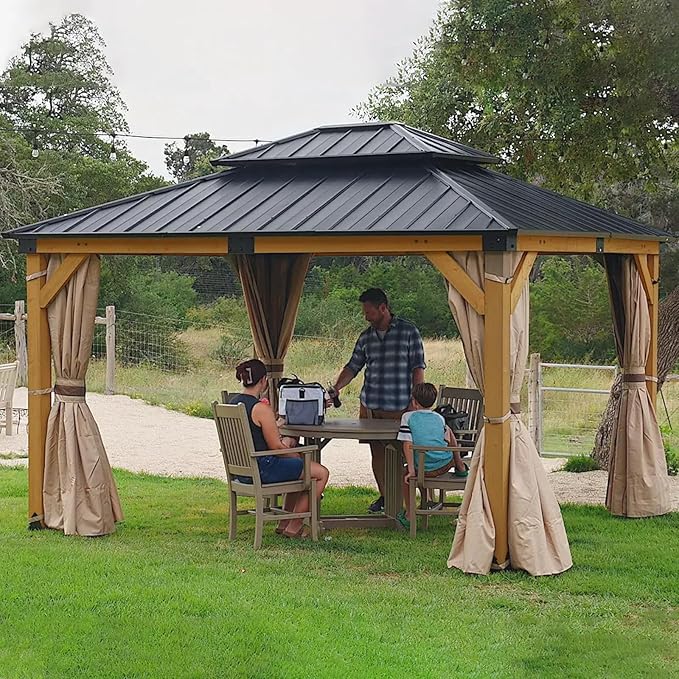 CHARMELEON 10'x12' Wood Gazebo,Patio Cedar Wood Gazebo with Mosquito Netting and Curtains, Galvanized Steel Hardtop Pavilion for Outdoor, Garden, Deck