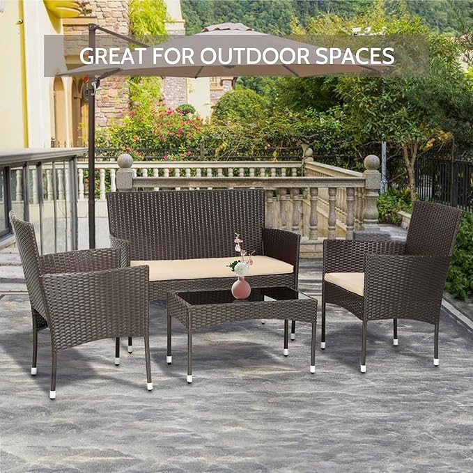 FDW Patio Furniture Set 4 Pieces Outdoor Rattan Chair Wicker Sofa Garden Conversation Bistro Sets for Yard (Brown)