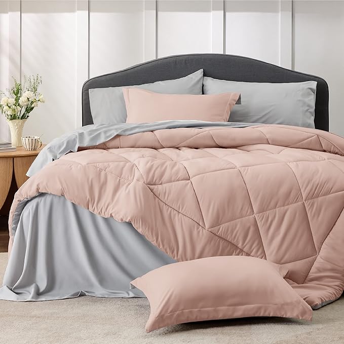 Bedsure Blush Pink King Size Comforter Set - 7 Pieces Reversible King Bed in a Bag King Bed Set with Comforters, Sheets, Pillowcases & Shams, King Bedding Sets