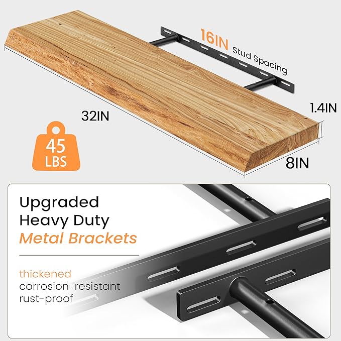 Floating Shelves for Wall, 32" Live Edge Solid Elm Wood Floating Shelf, Wall-Mounted Display Shelves with Invisible Heavy-Duty Metal Bracket, Floating Shelf for Kitchen (Natural, Set of 2)