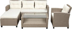 6 Piece Patio Furniture Rattan Outdoor Sectional Conversation Sets, Dining Table Chair with Bench and Cushions for Backyard, Pool, Lawn, O-Beige