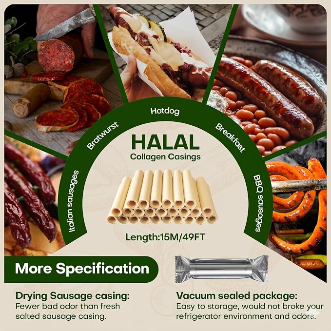 VONSYONG HALAL Sausage Casing, Grade A Edible Drying Collagen Sausage Casings for Flavorous Homemade Sausages 15m/49ft,Diameter 19mm/ 3/4'', 1 Roll