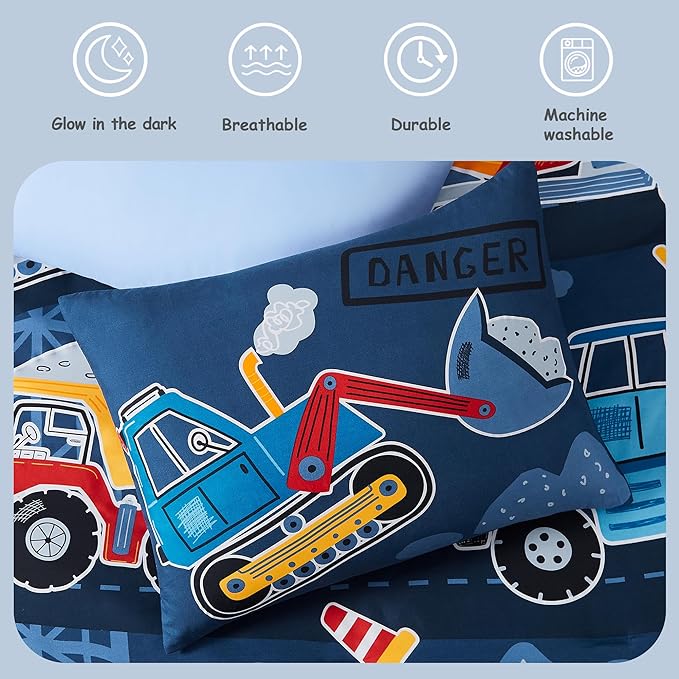 Truck Tractor Excavator Full Size Comforter Sets - Bedding Sets Full 7 Pieces for Boys, Glow in The Dark Bed in A Bag Full Size for Kids, Teens